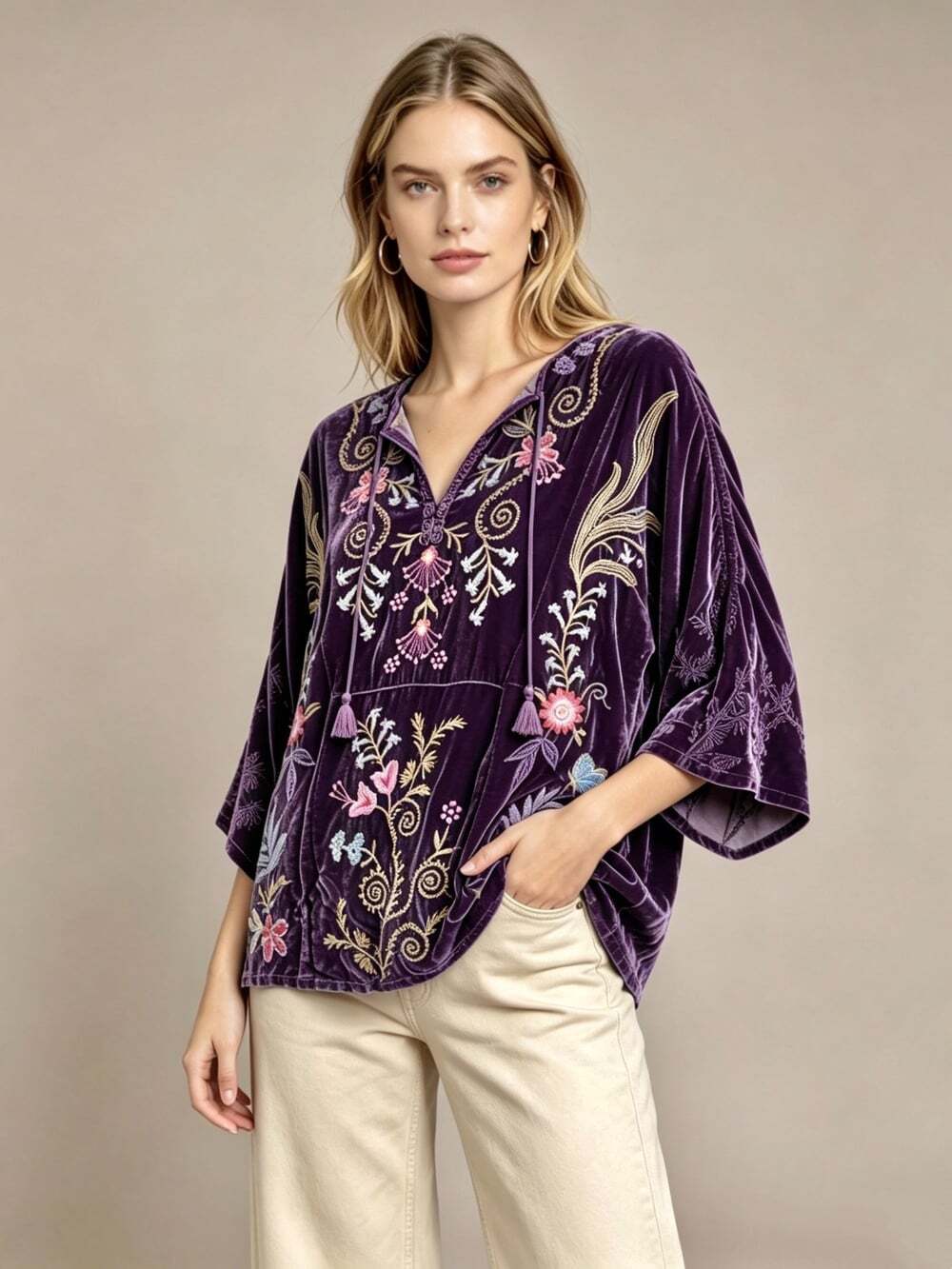 NWOT Johnny Was Silk Blend Velvet Floral Embroidered Tunic Blouse Purple Size M